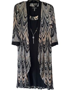R&M Richards 2PC Dress Set 18W Pleated Jacket Black Beige Plus Size Elegant
